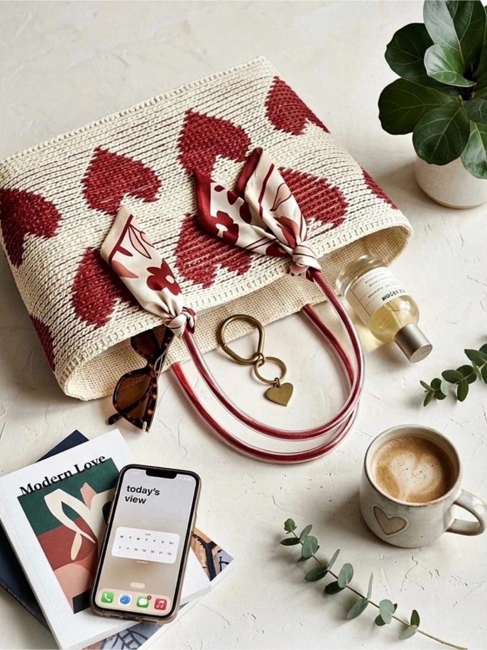 April Cornell Laura Heart Knitted Straw Tote Bag in Cream & Red